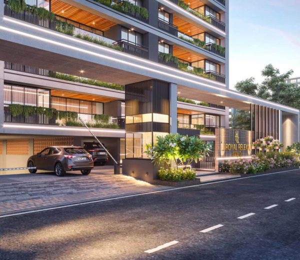 Modern building with lush greenery.